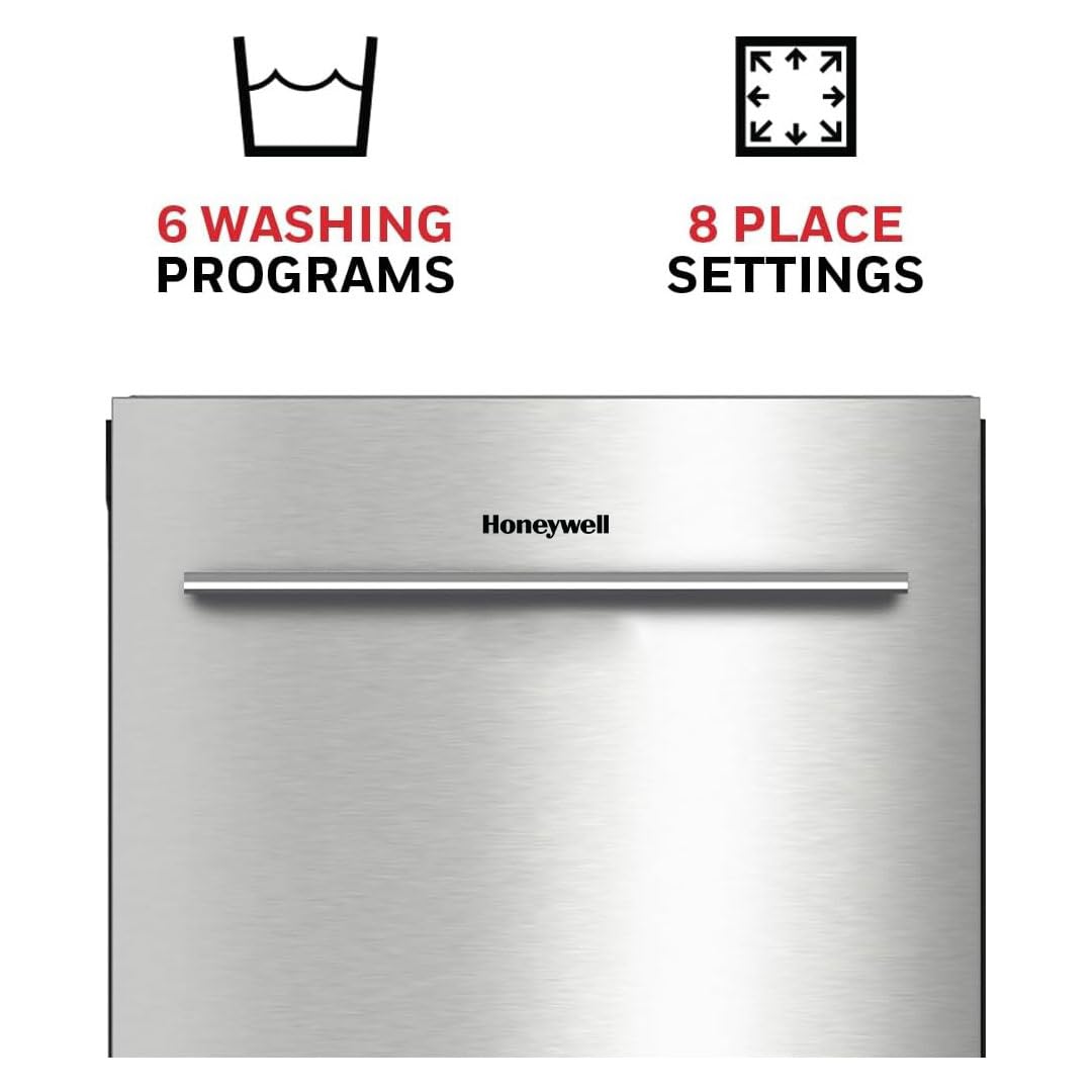 Honeywell 24 Inch Dishwasher with 12 Place settings, 7 Washing Cycles, Stainless Steel and Plastic Tub, UL/Energy Star- Stainless Steel