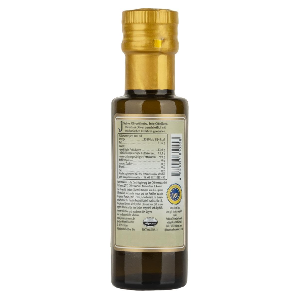 Jordan Olivenöl – Natives Olivenöl Extra - Flasche - 750 Milliliter - Öl kaltgepresst - griechische Oliven von Lesbos aus Jordans Olivenhainen - Ölflasche mit integriertem Ausgiesser & Tropfschutz