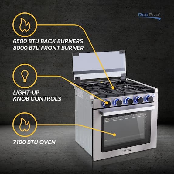 RecPro RV Stove | Gas Range 21" Tall | Optional Vented Range Hood | 3 Burner | 1.8 Cu. Ft | 7100 BTU | Black or Silver Color Options (Silver, No Vented Range Hood)