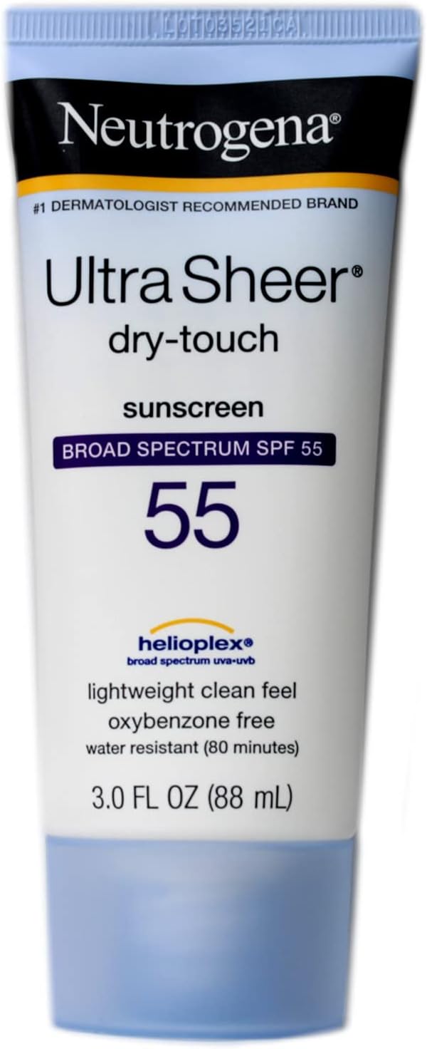 Neutrogena Ultra Sheer Dry-Touch Sunscreen Lotion, Broad Spectrum SPF 55 UVA/UVB Protection, Oxybenzone-Free, Light, Water Resistant, Non-Comedogenic & Non-Greasy, Travel Size, 3 fl. oz