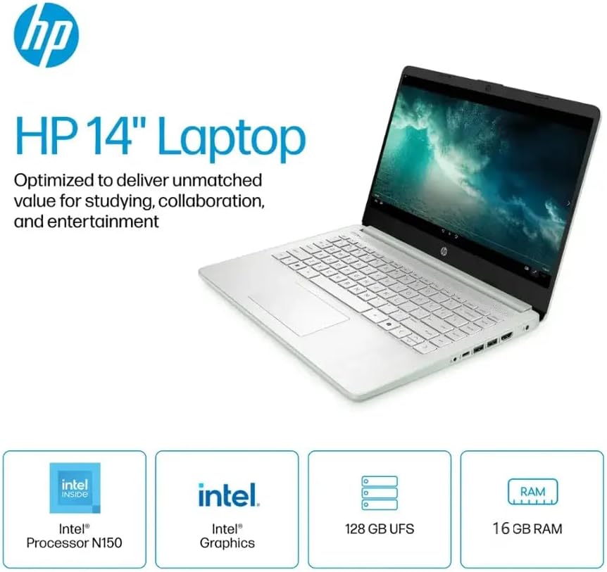 HP 2025 Laptop for Student Business, 14" Anti-Glare, Intel N150, 16GB RAM, 384GB Storage(128GB UFS+256GB MSD), Wi-Fi 6, Copilot AI & 1 Year Office 365, Willow Green, Windows 11 Pro, W/Accessories