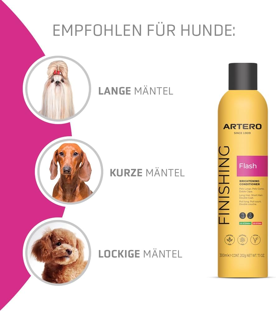 Artero Flash. Conditioner und Glanzverstärker für Hunde und Katzen in Sprayform, erleichtert das Bürsten ohne Haarbruch.