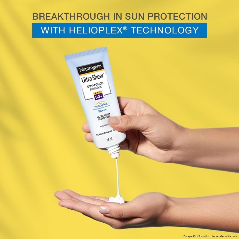 Neutrogena Ultra Sheer Sunscreen SPF 50+ | Broad Spectrum UVA/UVB | Blue light protect | No White Cast | Water resistant Ultra light & Non sticky | Oily, Dry & Sensitive Skin | 30 g (Pack of 1)