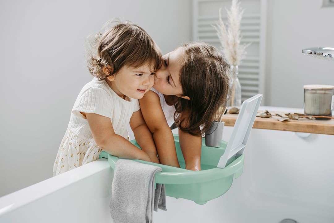 Rotho Babydesign Kiddy Wash - Kinderwaschbecken - Waschbecken - mobiles Kinderwaschbecken für die Badewanne - mit Spiegel- Ideal für Bad & Kinderzimmer grün