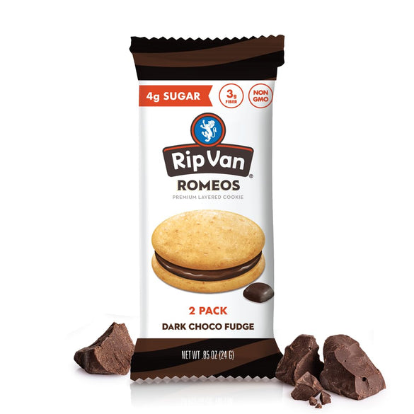 Rip Van Romeos Dark Chocolate Fudge Cookies - Low Sugar Cookies - Healthy Keto Snack - Individual 2 Packs (18 Count)