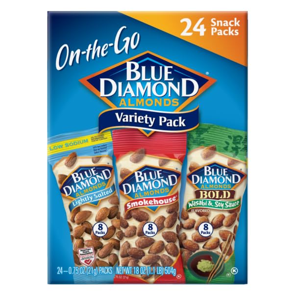 Blue Diamond Almonds Snack Nut Variety Pack for Kids, Office, School, On-the-go, 0.75 oz Gluten Free Individual Packs, Wasabi & Soy Sauce, Lightly Salted, and Smokehouse (Pack of 1, 24 Count Total)
