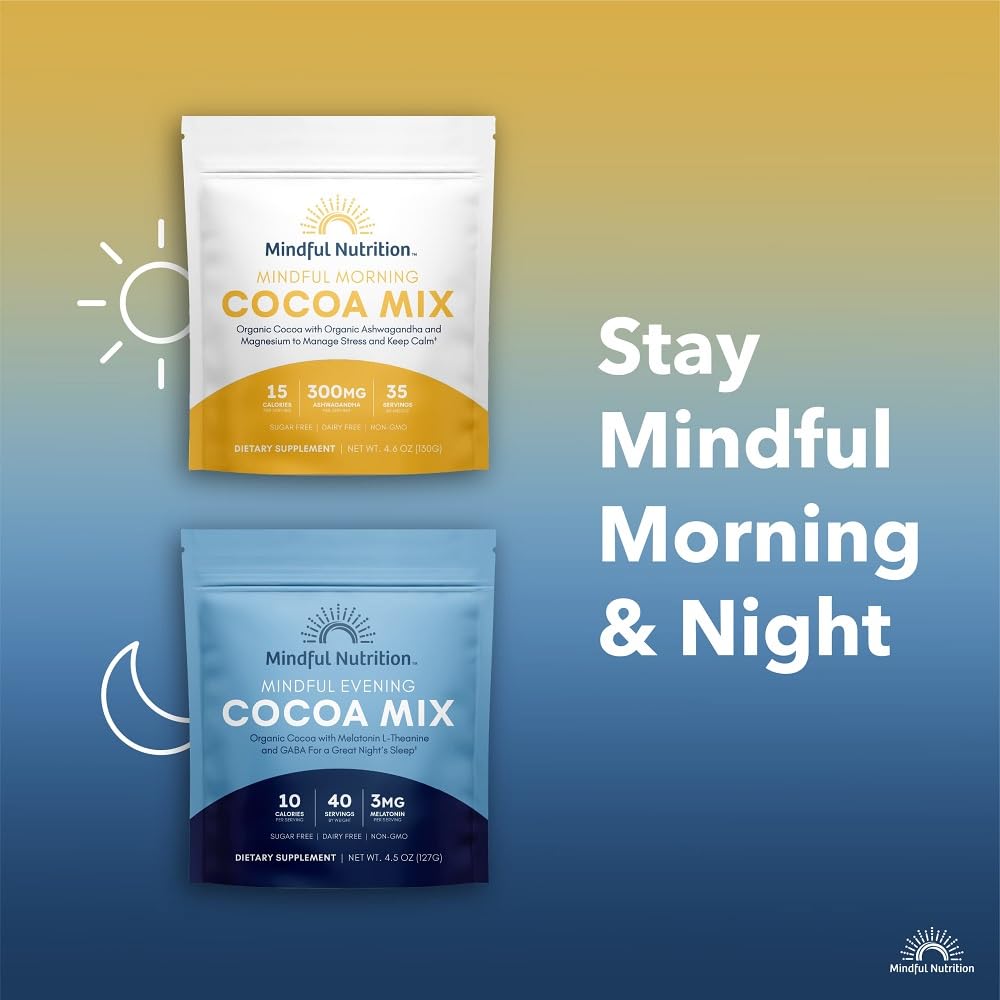 Mindful Evening Sugar-Free Cocoa Mix Natural Sleep Aid, 40 Servings, Melatonin 3mg, L-Theanine, GABA Supplements, Natural Calm Sleep Support Stress Relief Calm Sleepy Cocoa Nighttime Hot Chocolate