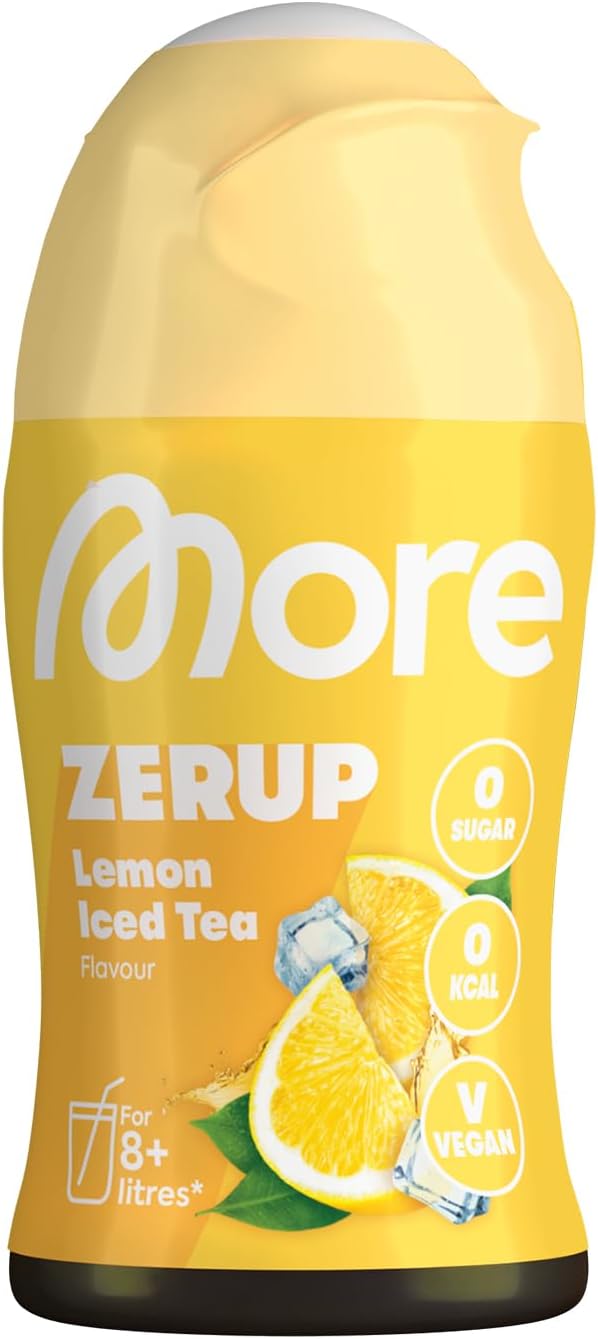 MORE Zerup, Peach Iced Tea, 65 ml, für bis zu 8 l Fertiggetränk, zuckerfreier Sirup mit u.a. echten Fruchtextrakten, vegan, zero Kalorien - made in Germany
