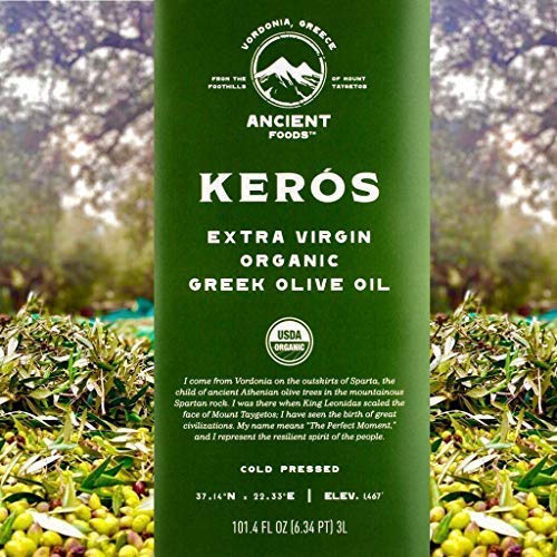Ancient Foods Keros Organic Extra Virgin Olive Oil Cold Pressed – Greek EVOO, High Polyphenol Olive Oil from 1000 Year Old Trees from Greece – Ideal for Cooking, Salads & Gourmet Dishes – 101oz (3L)