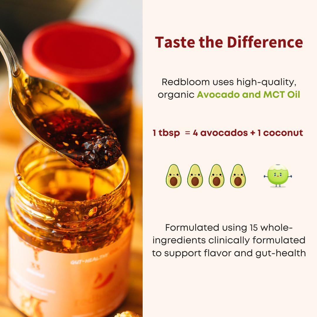 Redbloom Gut-Healthy Chili Crisp - Organic Chili Oil, No Seed Oils, Low-Fodmap, Vegan, Crunchy Hot Sauce, Good on Everything, 6oz (Pack of 1) - Medium Aroma