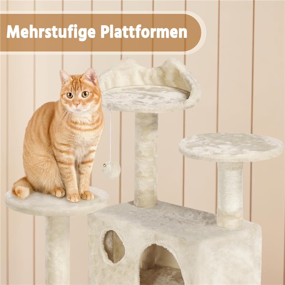 Yaheetech Kratzbaum Groß, 139 cm hoch, Mehrstöckiger Katzenbaum Kletterturm mit 3 Kratzsäulen, 3 Plattformen, 2 Gemütlichen Höhlen, 2 Plüschbällen, Stabiler Aktivitätsbereich für Katzen, Dunkelgrau