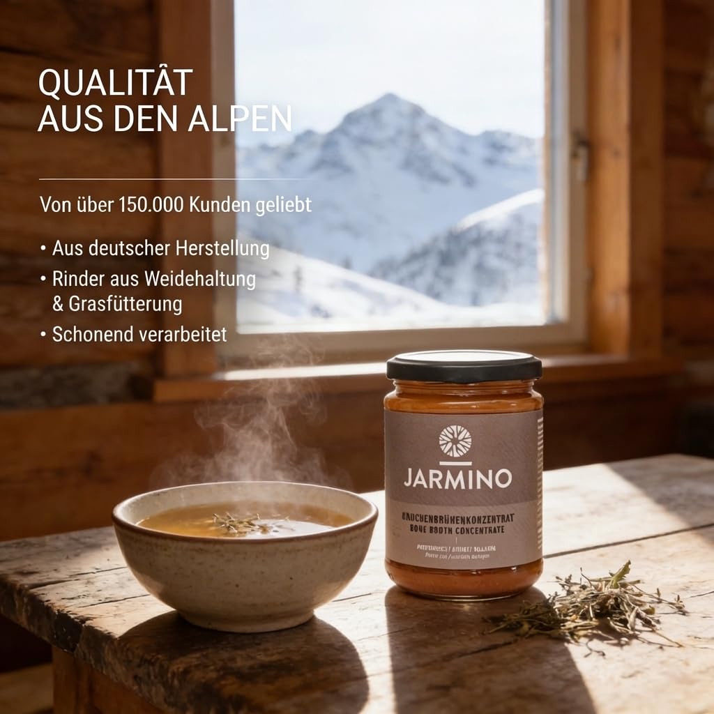 JARMINO Bio Rinderknochenbrühe Konzentrat, Grasgefütterte Brühe für Menschen, Flüssige Knochenbrühe mit Kollagenprotein, Keto, Paleo & AIP geeignet, Rinderbrühe, 440 g, 44 Portionen