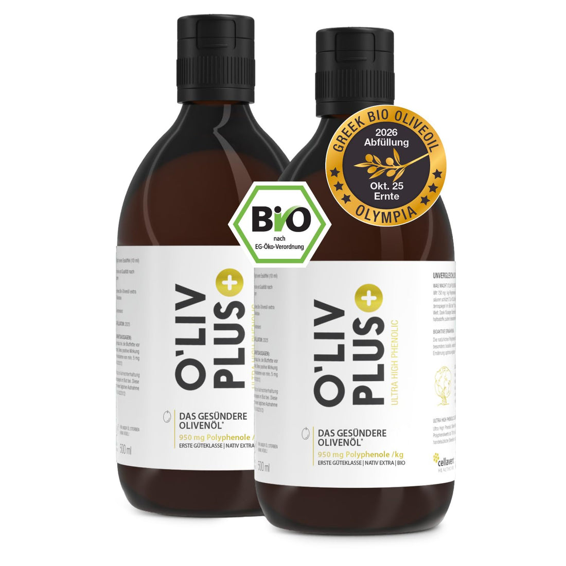 Das Olivenöl mit Gesundheitswert – extra hoher Polyphenol-Gehalt 950 mg/kg – Bio-Qualität – nur 1 Esslöffel/Tag – Oliv PLUS – 500 ml – 50 Portionen