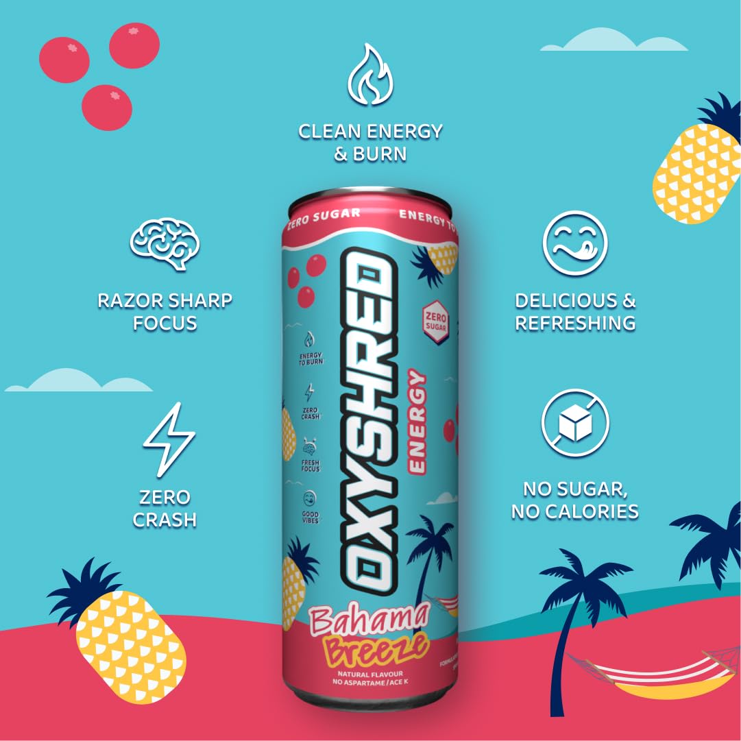 EHP Labs OxyShred Healthy Energy Drink - Zero Sugar Energy Drinks with Amino Acids, Green Tea Extract, Vitamin C & L-Carnitine - Zero Carbs, Zero Calories, Clean Caffeine, Bahama Breeze (12-Pack)