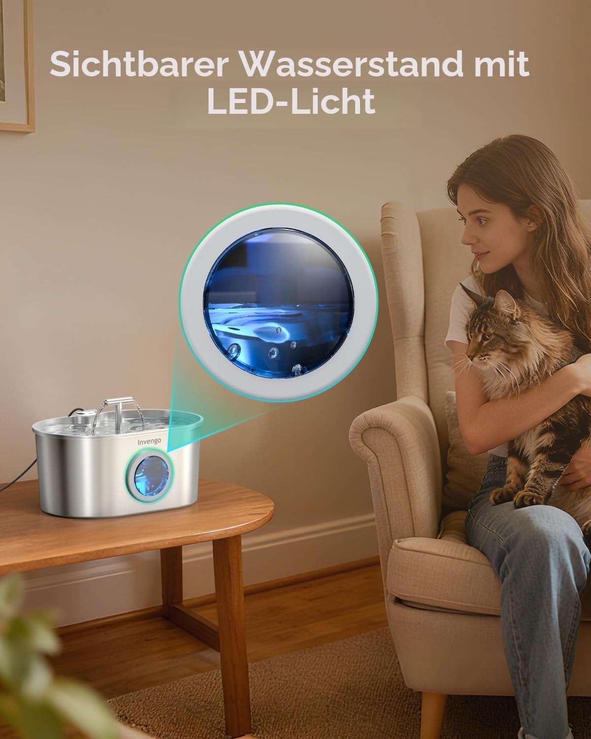 Invengo MeowFlow B30 Trinkbrunnen für Katzen, 2,2L Edelstahl-Haustierbrunnen mit sichtbarem Wasserfenster, einfach zu reinigen und installieren, inkl. 4 Ersatzfilter, spritzwassergeschütztes Design