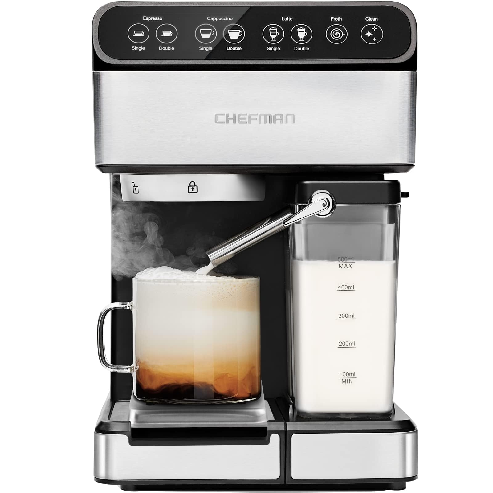 Chefman Crema Deluxe Espresso Machine with Double Boiler, Use Milk Frother and Brew Espresso Simultaneously, Professional Coffee Maker with Coffee Grinder and Steam Wand, 30 Grind Settings