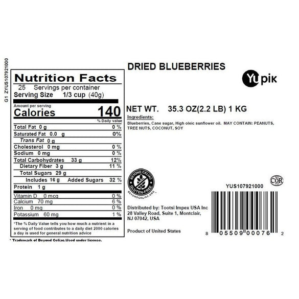 Yupik Dried Blueberries, 2.2 lb (35.2 oz), Gluten-Free, Kosher, Sweet Dried Fruits, Whole Berries, No Sulphites, Source of Fiber & Vitamins, Healthy Snacks, Ideal for Baking & Topping