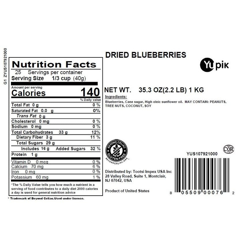 Yupik Dried Blueberries, 2.2 lb (35.2 oz), Gluten-Free, Kosher, Sweet Dried Fruits, Whole Berries, No Sulphites, Source of Fiber & Vitamins, Healthy Snacks, Ideal for Baking & Topping