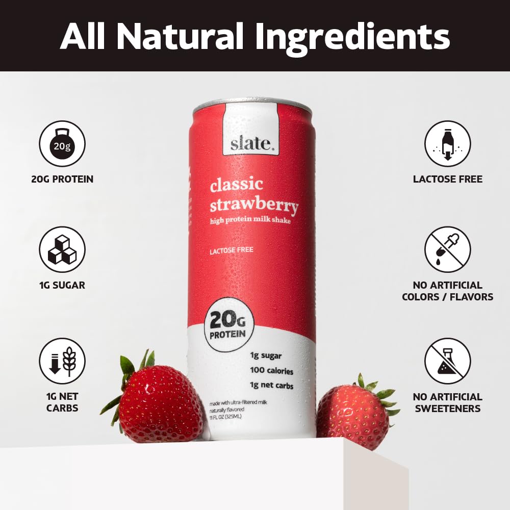 Slate Milk - High Protein Milkshake - French Vanilla - Lactose-Free, 20g Protein, 1g Sugar, 100 Calories, 1g Net Carbs, No Added Sugar - Natural, Breakfast Boost, Post Workout - 11 fl oz, 12 Cans