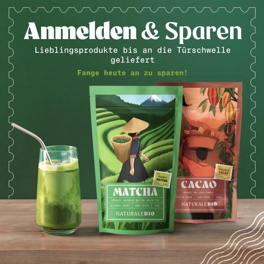 NaturaleBio Matcha Tee Pulver Bio - Premium-Qualität - 100g. Original Green Tea aus Japan. Japanischer ideal zum Trinken. Grüntee für Latte, Smoothies Getränk. Hergestellt in Uji, Kyoto.