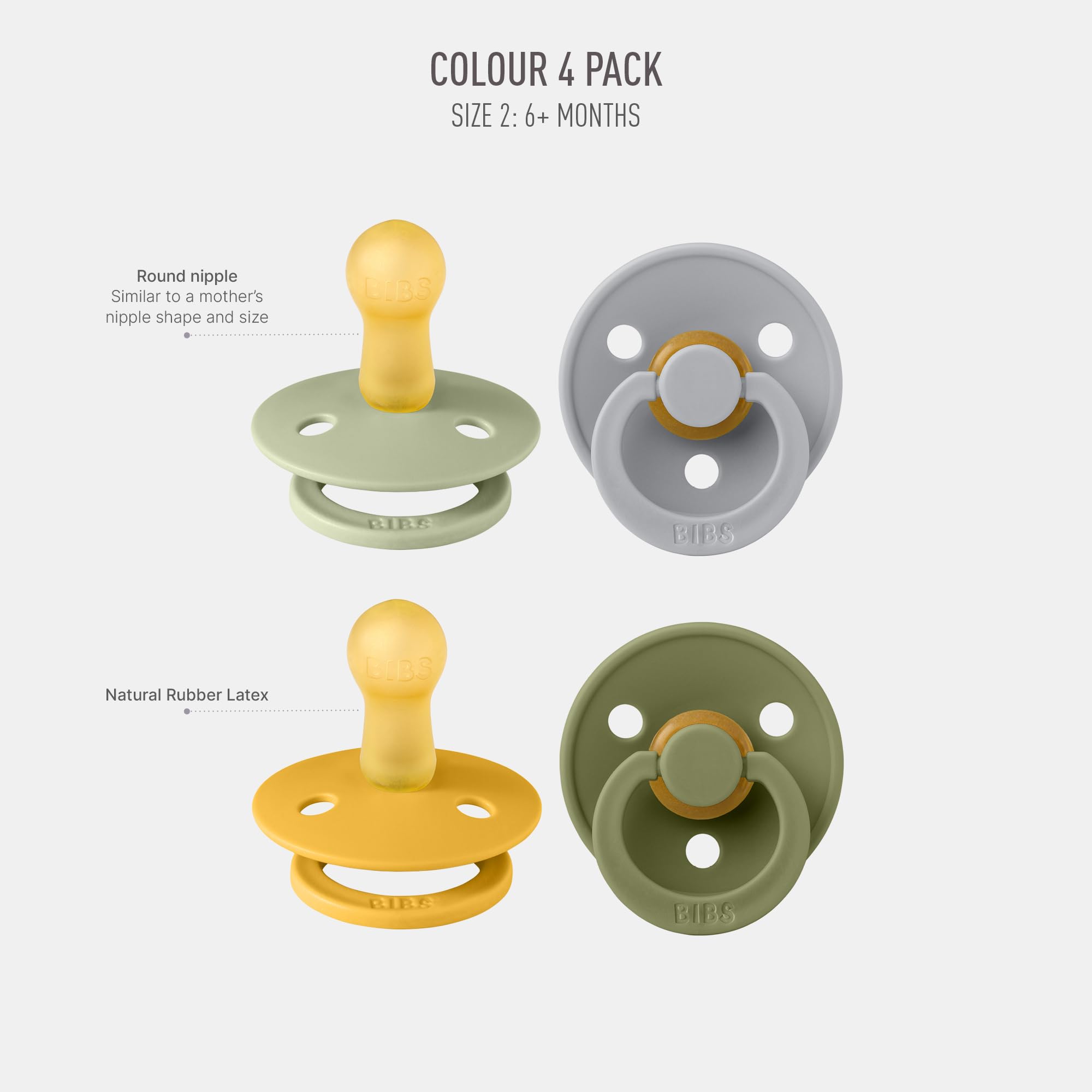 BIBS Colour Schnuller 4er-Pack, BPA-frei, Kirschform Nippel. Naturkautschuk/Latex, Hergestellt in Dänemark. 6-18 Monate (4er Pack), Iron Mix