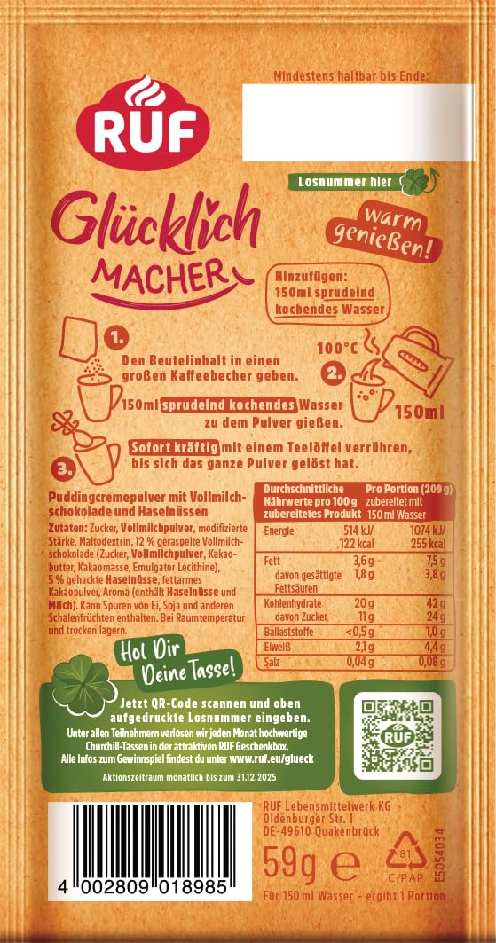 RUF Glücklichmacher Tassenpudding Schokolade, Cremepudding für schnelle Desserts, Tassencremepudding, nur Wasser hinzufügen, 1 x 59g Beutel