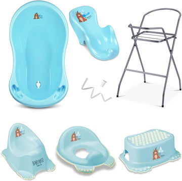 Baby Badewanne mit Gestell 4 Set TÜV Rheinland zertifiziert! Babybadewannen + Baby Badewannensitz +Abfluss + Gestell - Babywanne mit Ständer! Baby Pflegeset für Neugeborene.