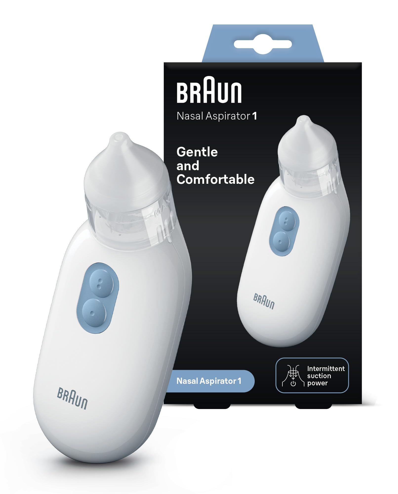 Braun Nasensauger 1 | Schleimlöser | Linderung für verstopfte Nasen | Elektrische Saugkraft | 2 Saugstufen | Spitze in 2 Größen | Geeignet für Neugeborene, Baby und Kinder | Spülmaschinenfest | BNA100
