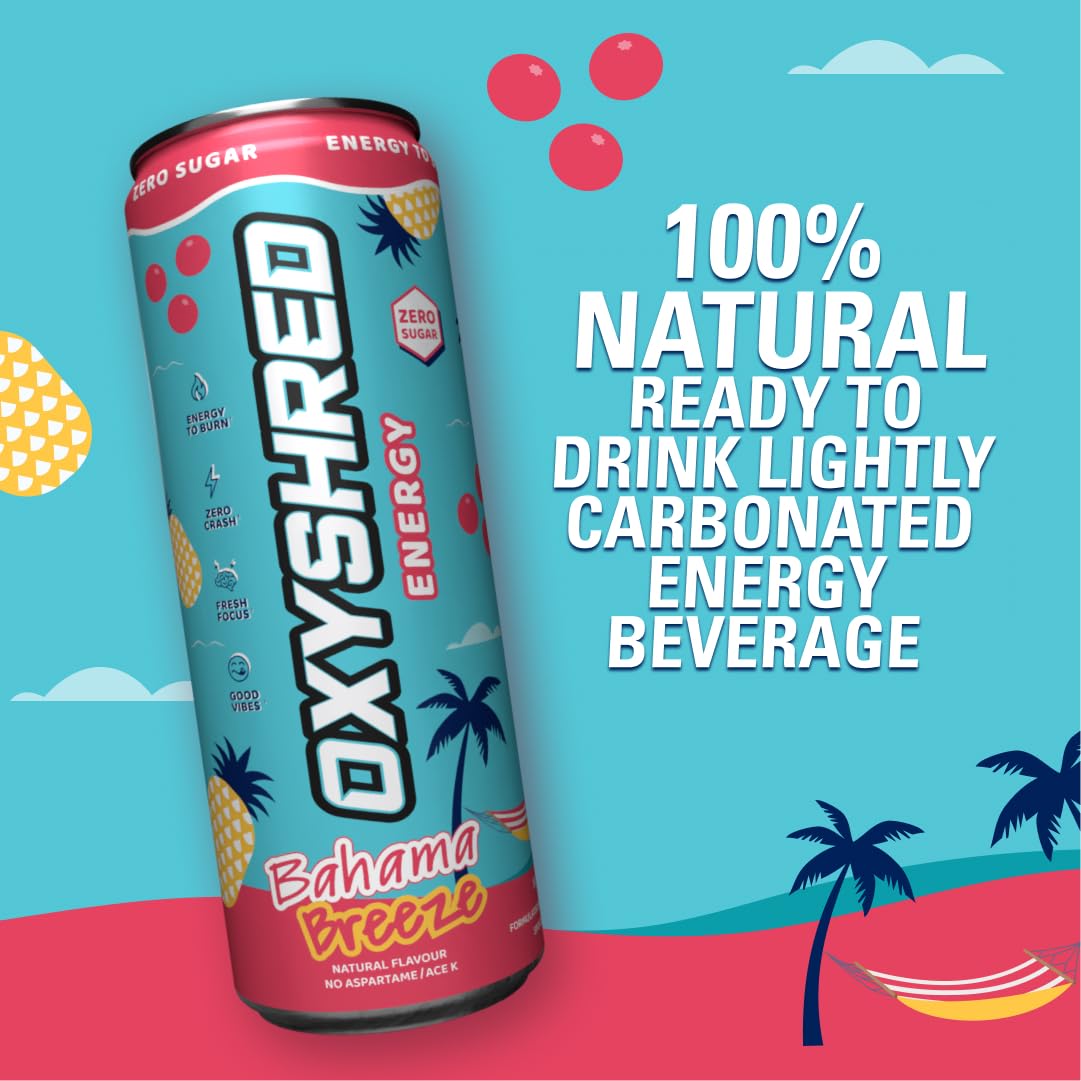 EHP Labs OxyShred Healthy Energy Drink - Zero Sugar Energy Drinks with Amino Acids, Green Tea Extract, Vitamin C & L-Carnitine - Zero Carbs, Zero Calories, Clean Caffeine, Bahama Breeze (12-Pack)