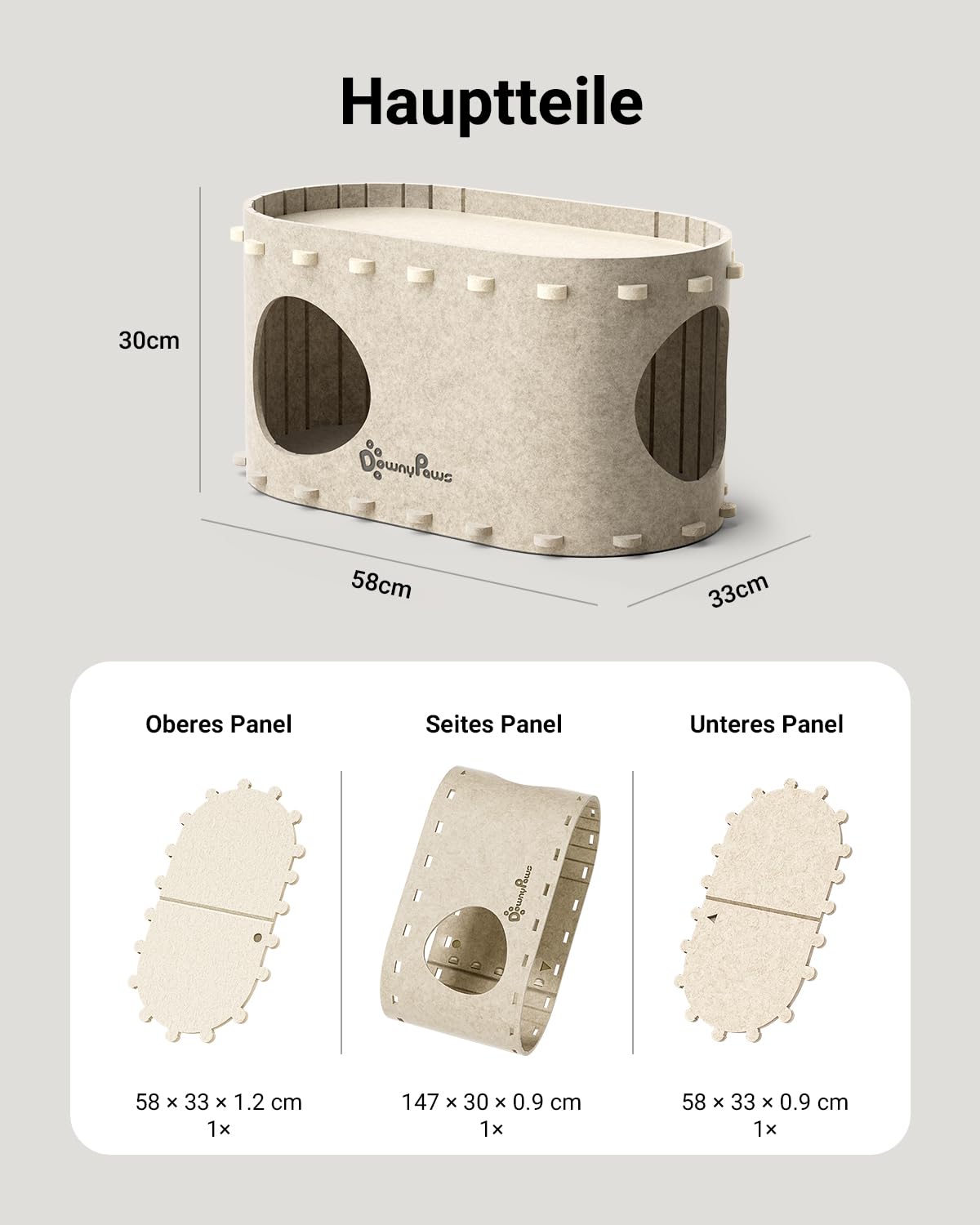 Katzenhöhle Filz, Katzenhaus aus Filz, Katzenbett, Katzenhöhle für Katzen, 58 x 33 x 30cm, Peek-a-Boo zum Spielen, Winterfest, Schutz der Katzennägel, Beige