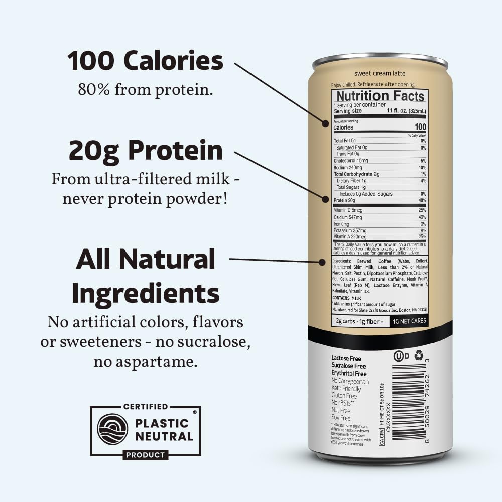 Slate Milk - High Protein Milkshake - French Vanilla - Lactose-Free, 20g Protein, 1g Sugar, 100 Calories, 1g Net Carbs, No Added Sugar - Natural, Breakfast Boost, Post Workout - 11 fl oz, 12 Cans