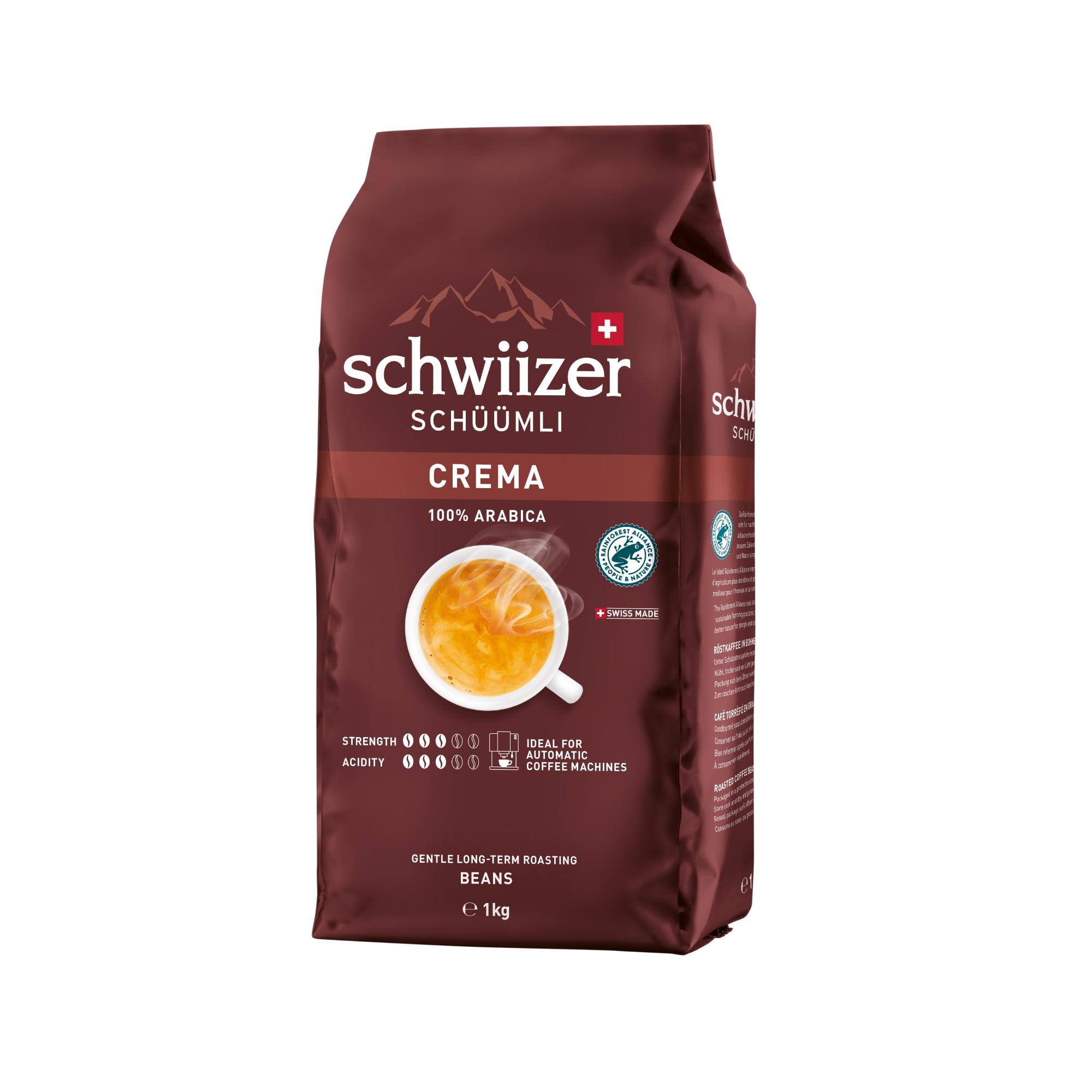 Schwiizer Schüümli Espresso, 100% Arabica Kaffeebohnen, kräftig-intensiv, ideal für Vollautomaten, Stärke 4/5, mittlere Röstung, Rainforest Alliance, 1kg