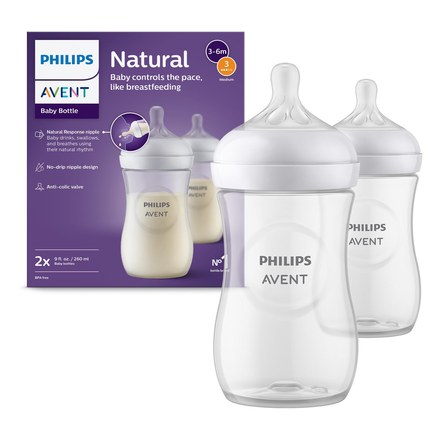 Philips Avent Natural Response Babyflasche mit 260 ml mit Saugern für mittleren Nahrungsfluss (Durchflussrate 3), 3er-Pack, SCY903/03