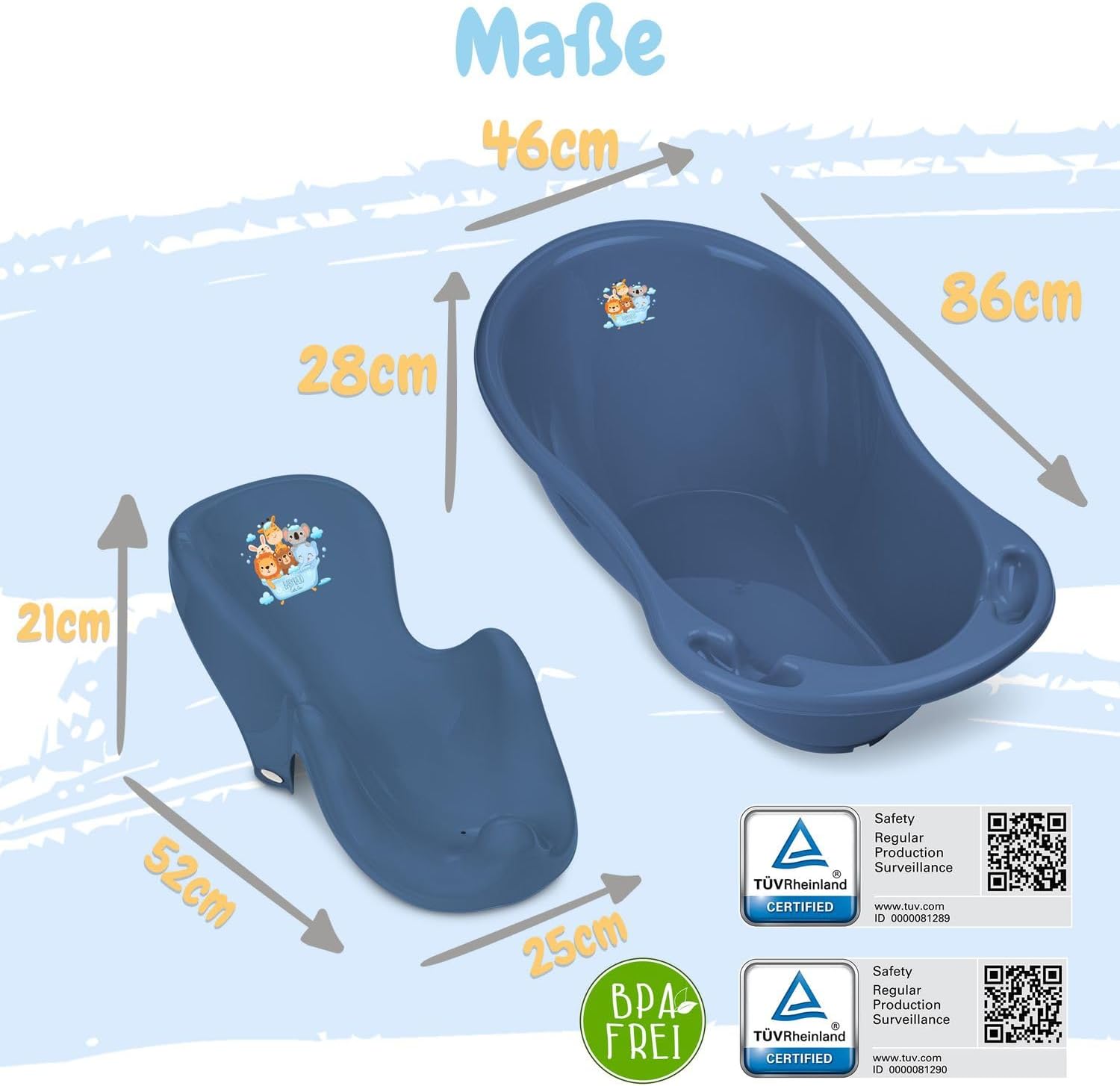 Baby Badewanne mit Gestell 4 Set TÜV Rheinland zertifiziert! Babybadewannen + Baby Badewannensitz +Abfluss + Gestell - Babywanne mit Ständer! Baby Pflegeset für Neugeborene.
