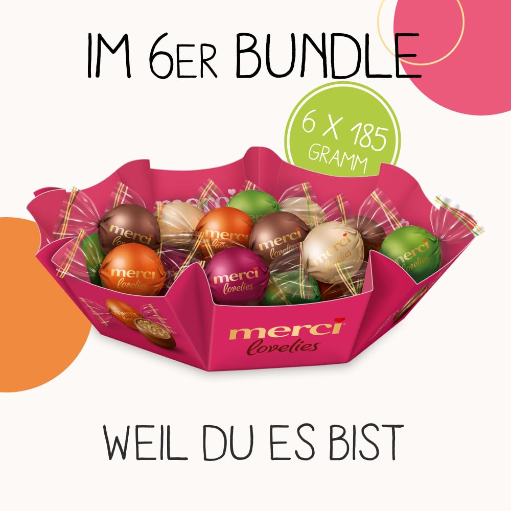 merci lovelies Classic – 1 x 185 g – Pralinen-Schachtel mit 5 gefüllten Schokoladen-Spezialitäten – Schokokugeln zum Teilen & Verschenken