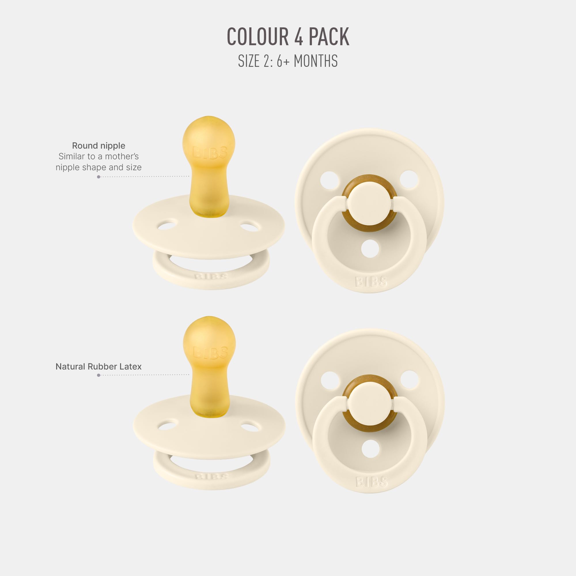 BIBS Colour Schnuller 4er-Pack, BPA-frei, Kirschform Nippel. Naturkautschuk/Latex, Hergestellt in Dänemark. 6-18 Monate (4er Pack), Iron Mix