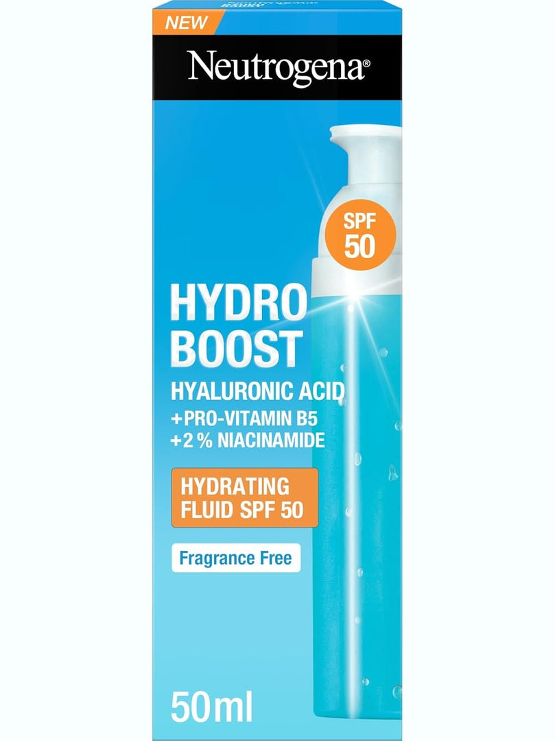 Neutrogena Hydro Boost Hydrating Sun Fluid SPF 50, Lightweight, Non-Sticky, with Hyaluronic Acid, Pro-Vitamin B5 and 2% Niacinamide, 50ml