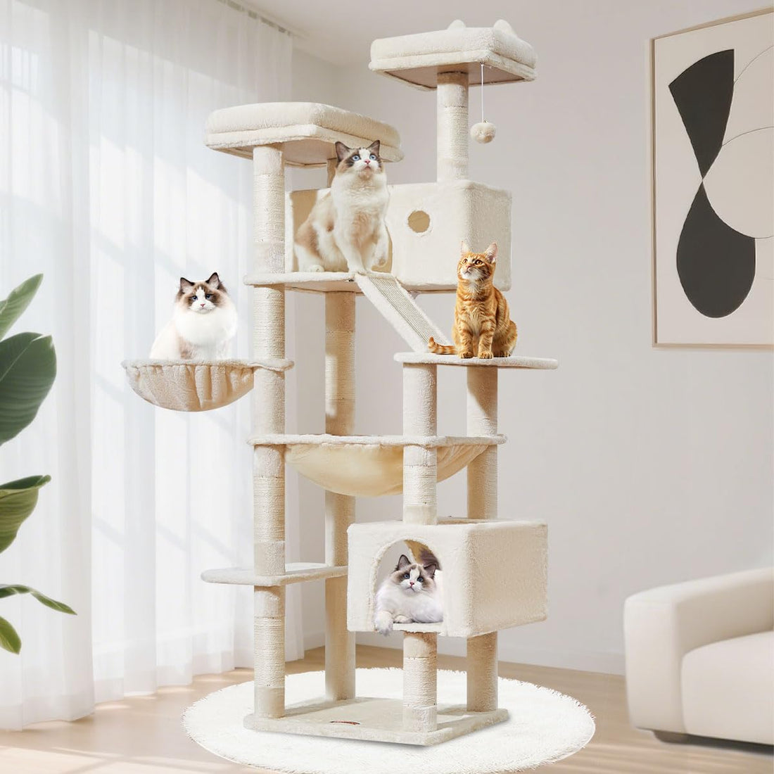 Taoqimiao 180CM Kratzbaum Groß, Katzenbaum Katzen Kratzbaum Grosse Katzen Stabil mit 2 Katzenhaus, Metallhängematte, Korb, 8 Kratzsäulen, Katzenkratztafel, MS026LM Beige