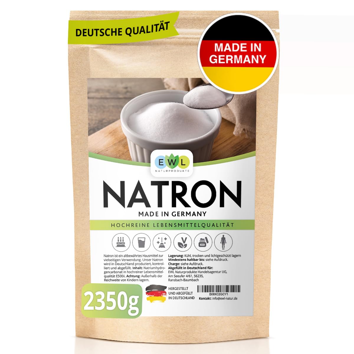 EWL Naturprodukte Natron Pulver 900 g, Backing Soda, Natronpulver in hochreiner Lebensmittelqualität, Herstellung und Abfüllung in Deutschland