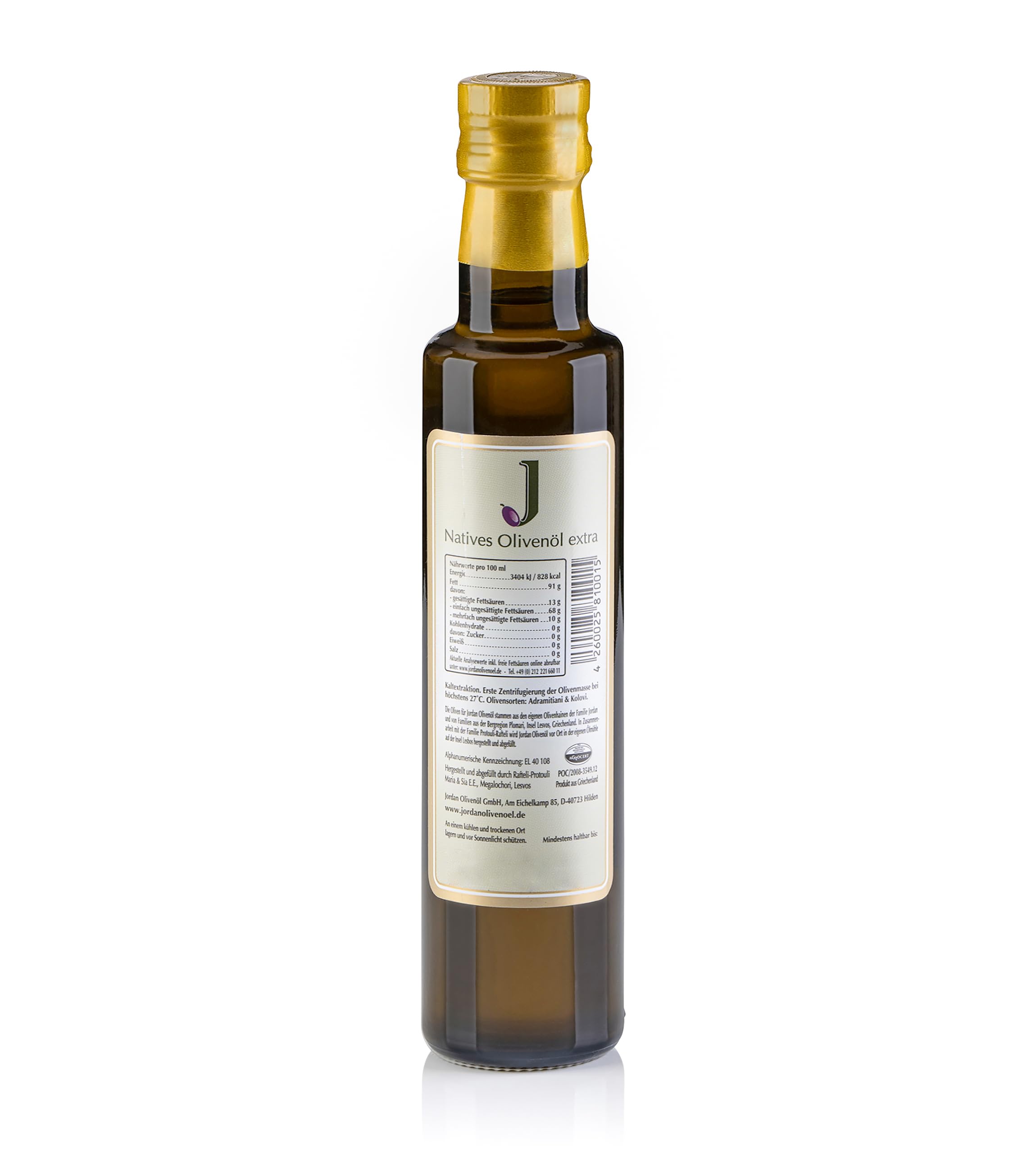 Jordan Olivenöl – Natives Olivenöl Extra - Flasche - 750 Milliliter - Öl kaltgepresst - griechische Oliven von Lesbos aus Jordans Olivenhainen - Ölflasche mit integriertem Ausgiesser & Tropfschutz