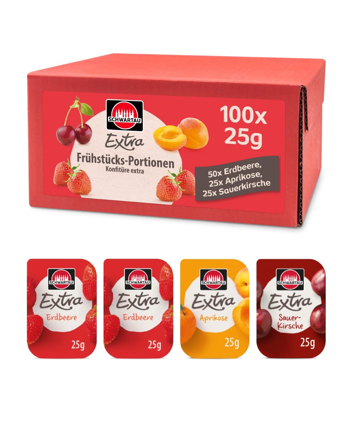 Schwartau Samt Portionen Mix-Box, Konfitüre Portionsschalen (50 x Erdbeere, 25 x Aprikose, 25 x zweierlei Kirsch), Großpackung, 100 x 25g