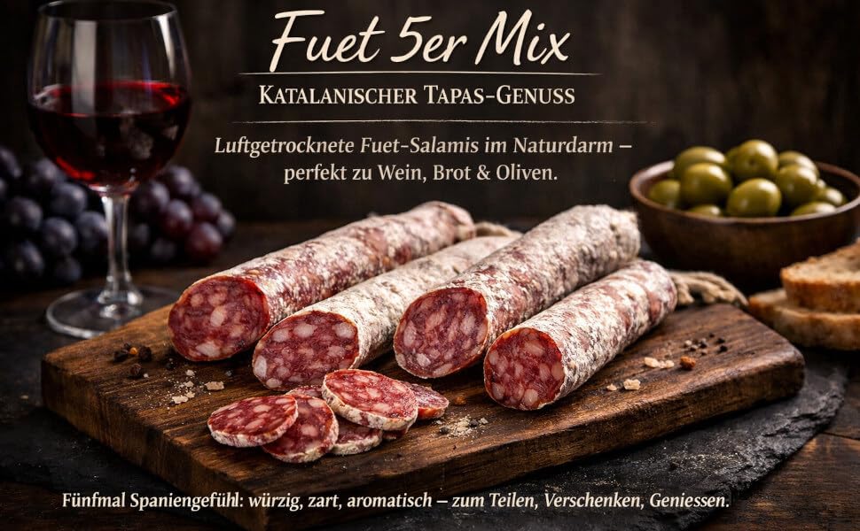 Spanische Fuet Wurst 5er Set – katalanische luftgetrocknete Salami, verschiedene Sorten im Mix, große Auswahl, ideal für Tapasplatte, Snack & Party