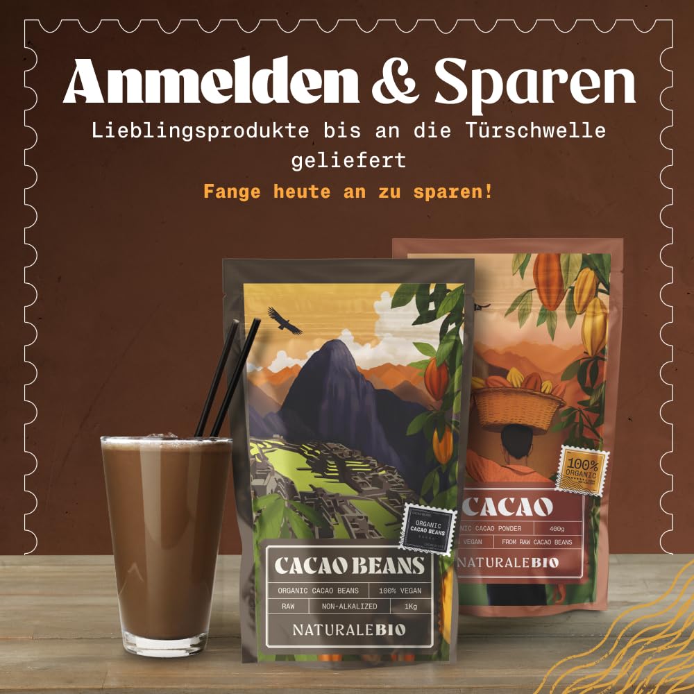 NaturaleBio Kakao Pulver Bio 1kg. Organic Cacao Pulver, Roh & Ungesüßt, Ideal für Getränke, Smoothies & Backen, Reich an Magnesium & Phosphor, Geprüft auf Schwermetalle