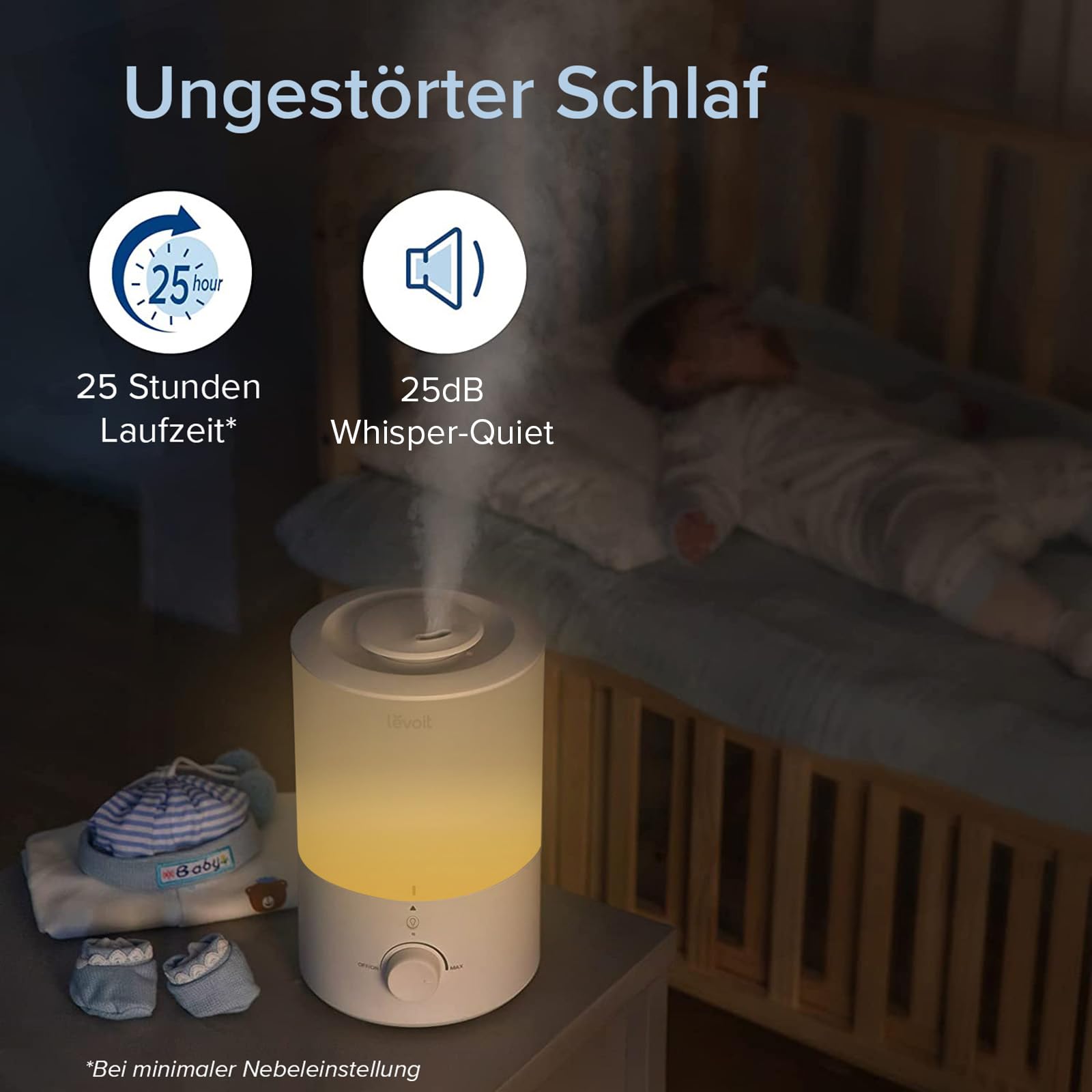 Levoit Luftbefeuchter Schlafzimmer, 23dB leise Humidifier, Top-Fill für Baby, bis 25H, Raumbefeuchter mit 360 grad Drehdüse für Kinderzimmer, Pflanzen, Auto Shut-off, 2,5 L, Weiß