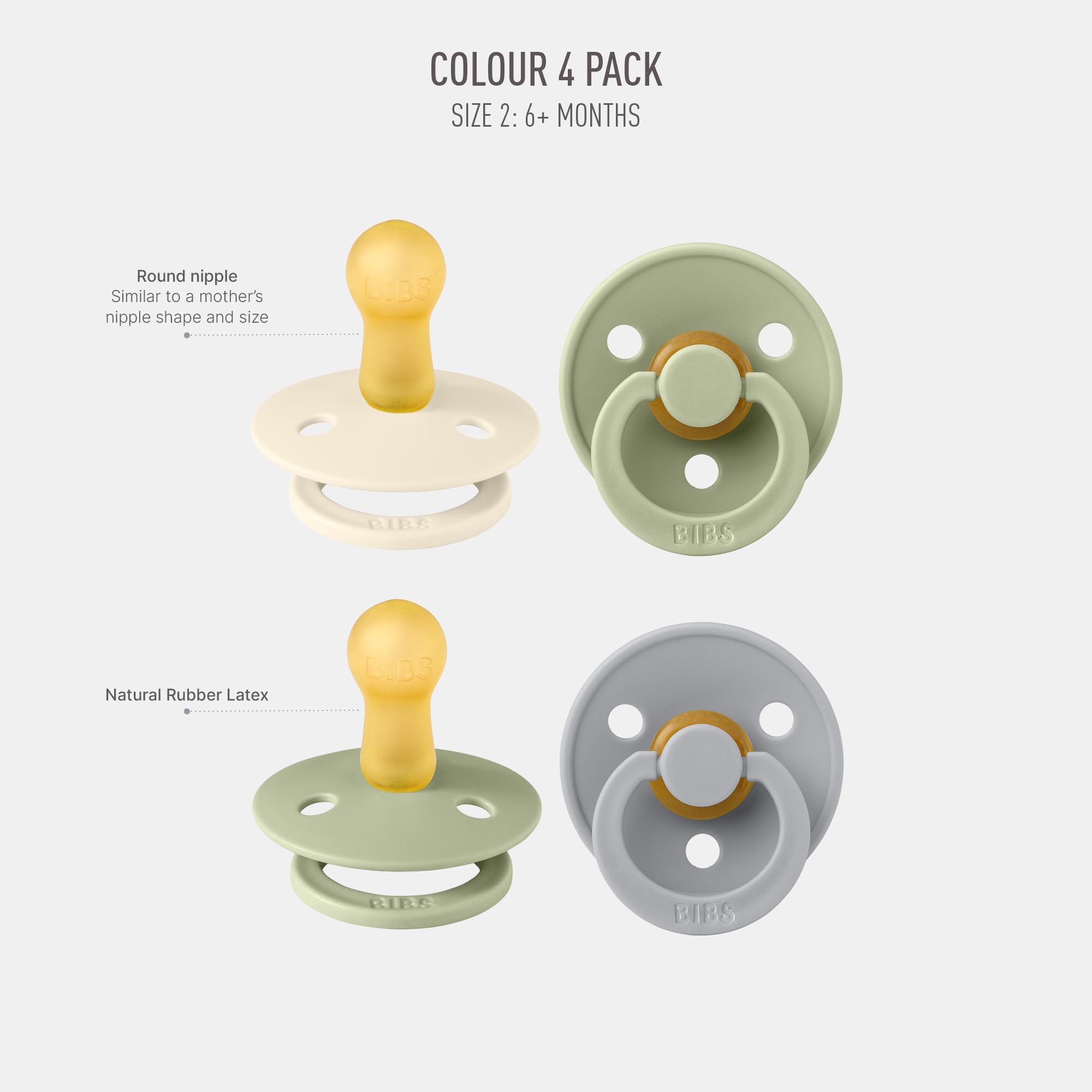 BIBS Colour Schnuller 4er-Pack, BPA-frei, Kirschform Nippel. Naturkautschuk/Latex, Hergestellt in Dänemark. 6-18 Monate (4er Pack), Iron Mix