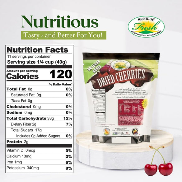 Sunrise Fresh Dried Sweet Cherries, Unsweetened, No Sugar Added, Fresh Fruit Flavor, 1 lb Bag
