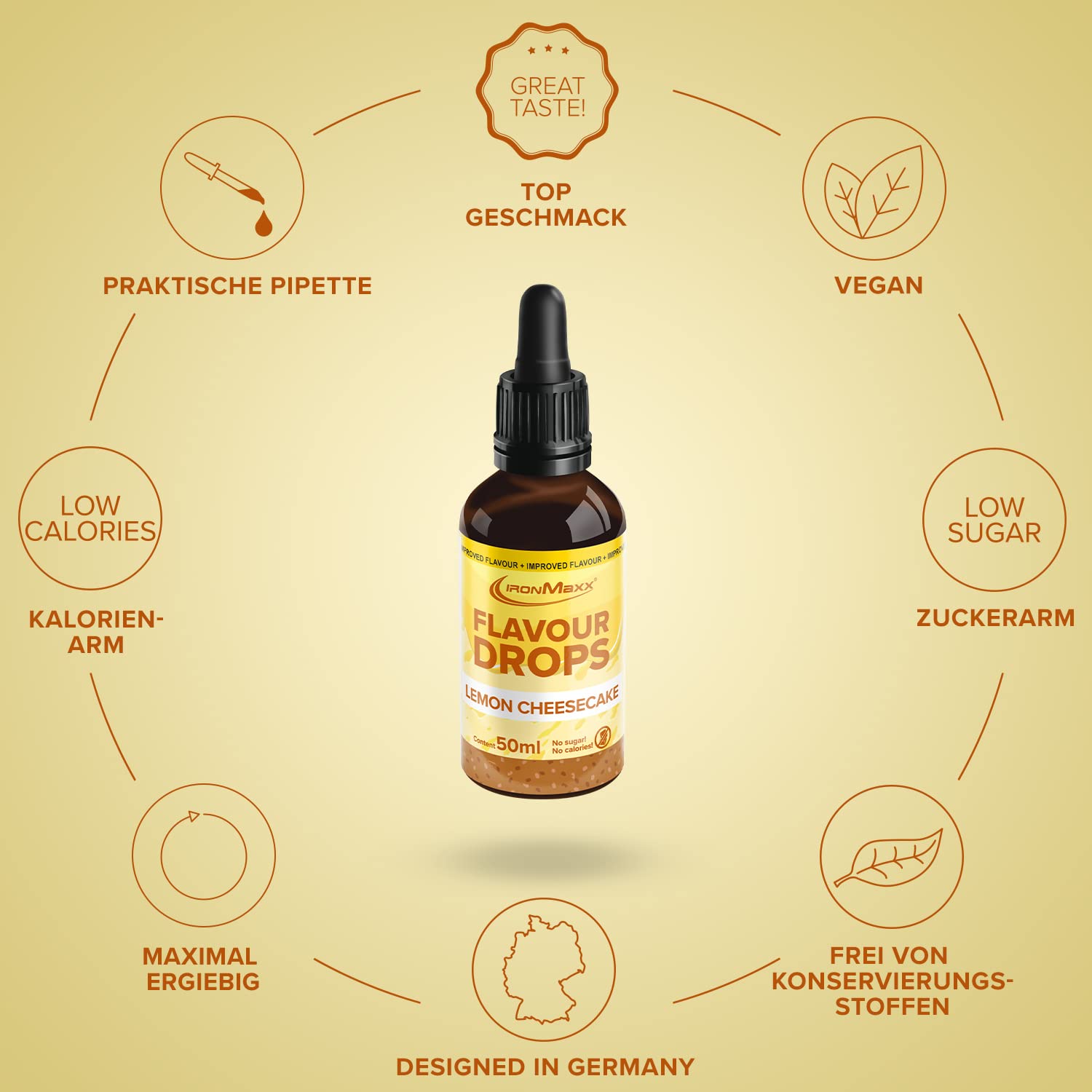 IronMaxx Flavour Drops - Vanilla 50ml | kalorienfrei & zuckerfrei | vegane Aromatropfen zum süßen von Lebensmitteln | praktischer Tropfer-Verschluss