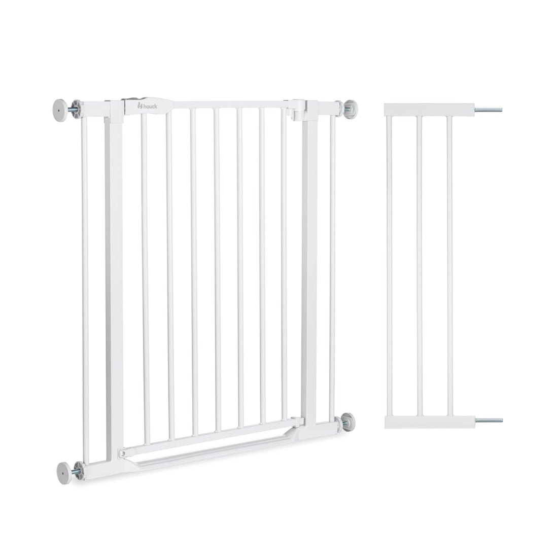 hauck Open N Stop 2 + 21 cm Verlängerung, Weiß - Kinderschutzgitter Hundegitter, Verstellbare Breite 96-101 cm, 77 cm Hoch, Beidseitige Einhand Öffnung, ohne Bohren, für Innen