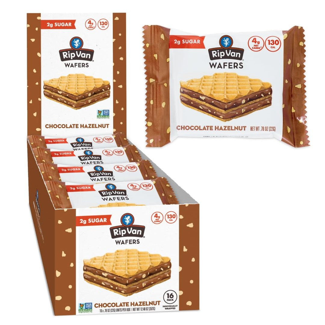 Rip Van Chocolate Hazelnut Wafer Cookies, Keto, Non-GMO, Healthy Snacks, Low Carb & Low Sugar (2g), Low Calorie, Vegan, 16 Count