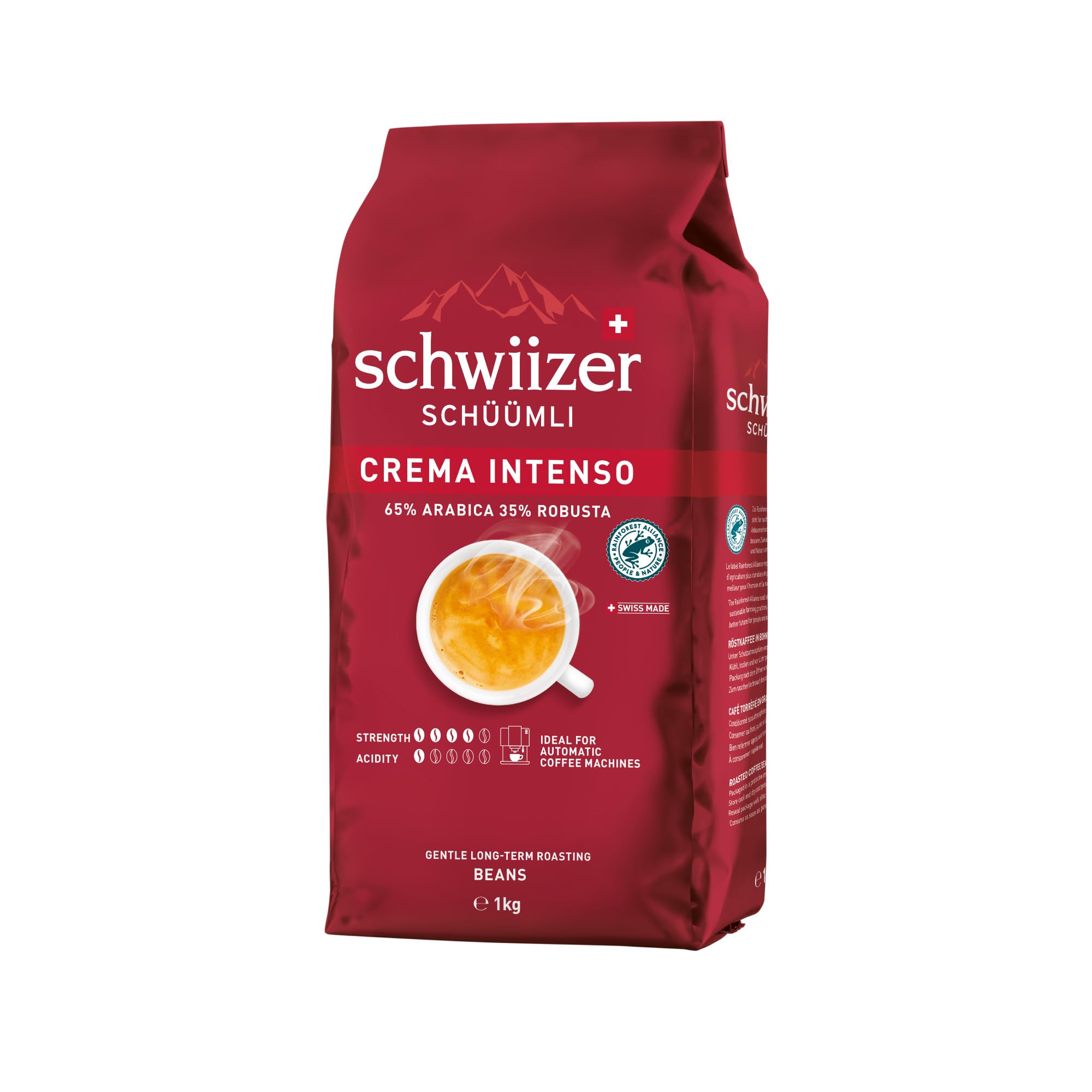 Schwiizer Schüümli Espresso, 100% Arabica Kaffeebohnen, kräftig-intensiv, ideal für Vollautomaten, Stärke 4/5, mittlere Röstung, Rainforest Alliance, 1kg